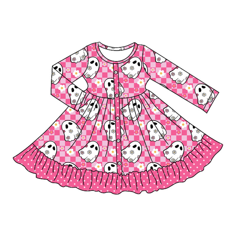 Preorder moq 5 Baby Girls Pink Plaid Long Sleeves Ghosts Button Ruffle Knee Length Dresses