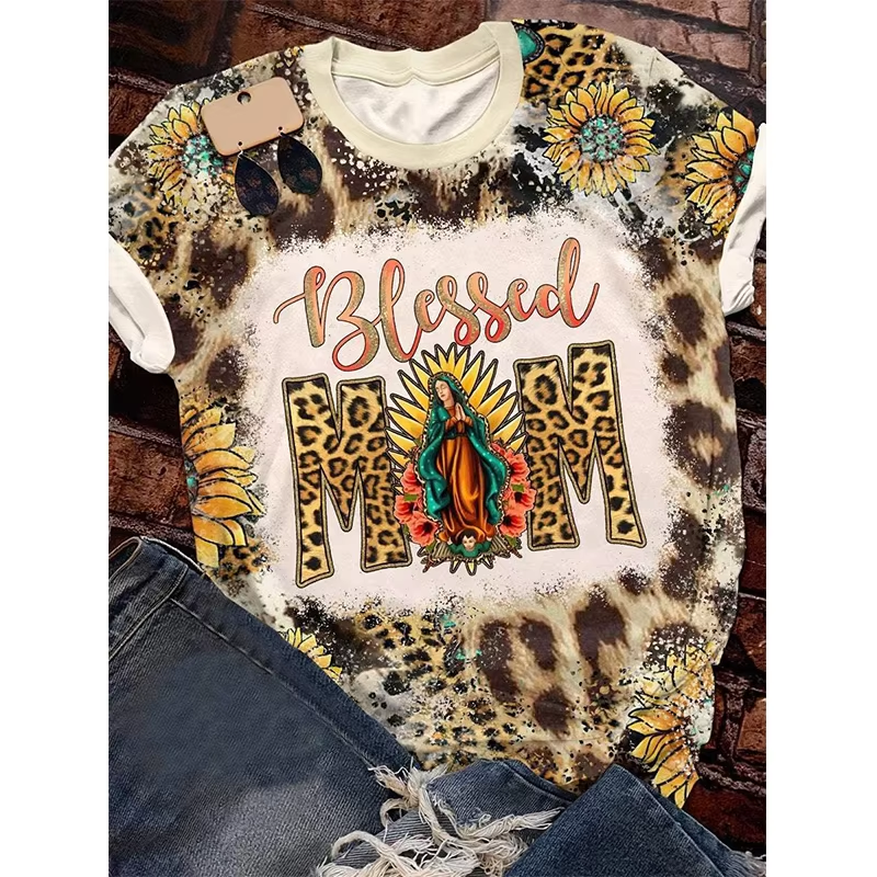 Preorder moq 5 Adult Women Western Blessed Mom Leopard Bleached Tee Shirts Tops