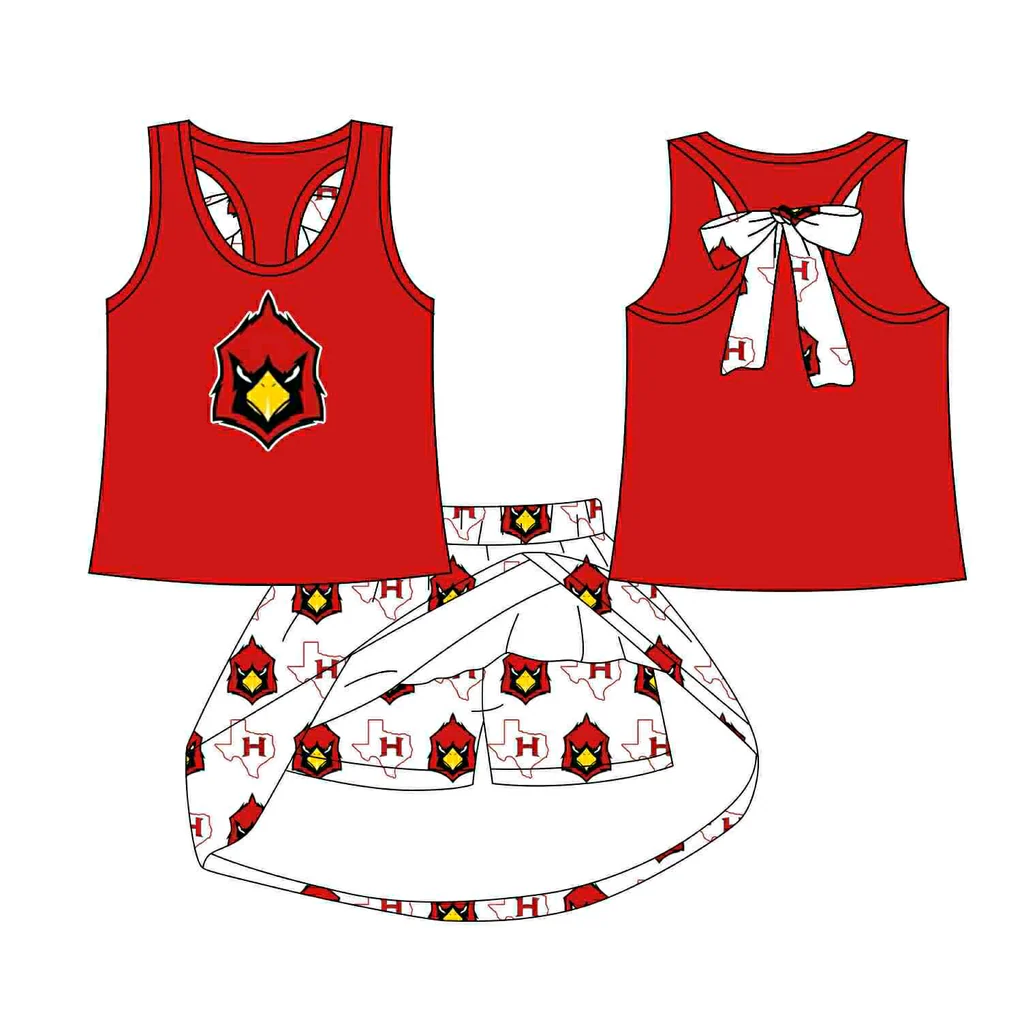 Preorder (moq 5)Baby Girls Red Bird bow vest team Top Skirt Skort Sets