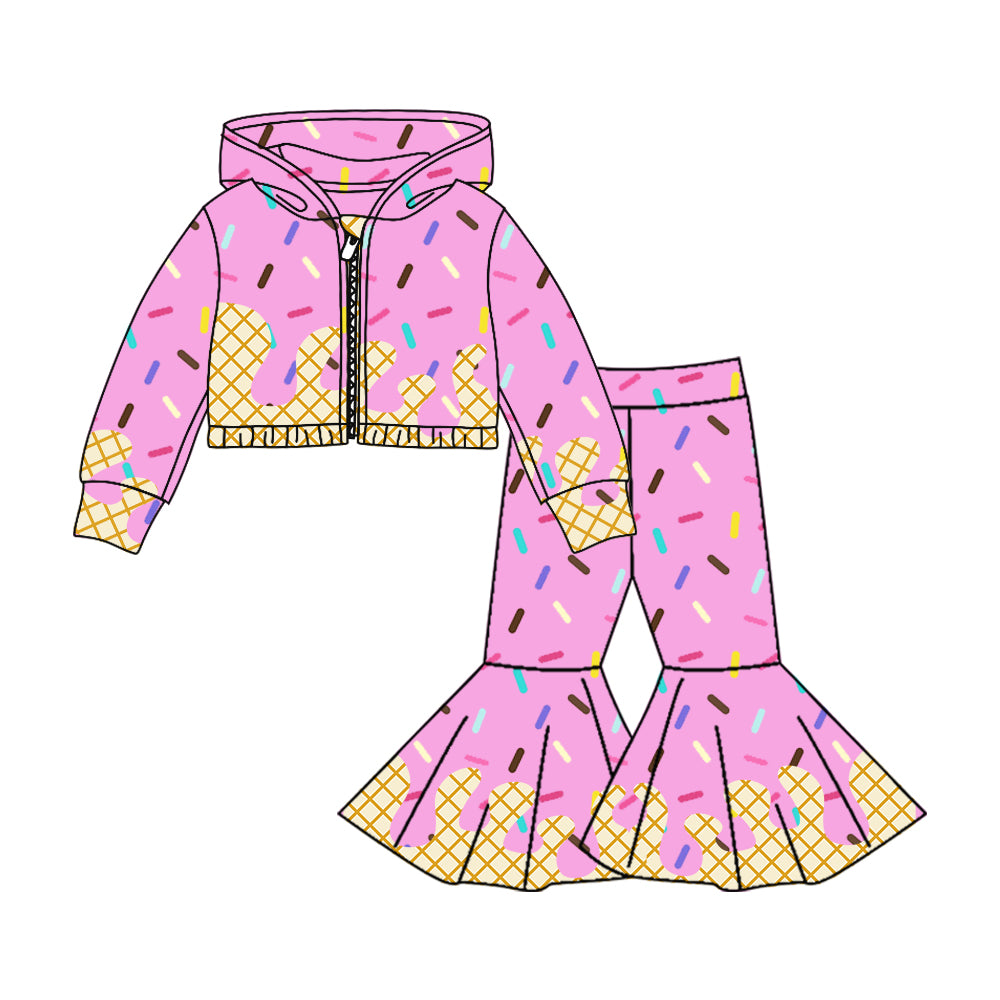 Preorder (moq 5)Baby Girls Pink Long Sleeves Drip Zipper Jacket Top Bell Bottom Pant Team Clothes Sets