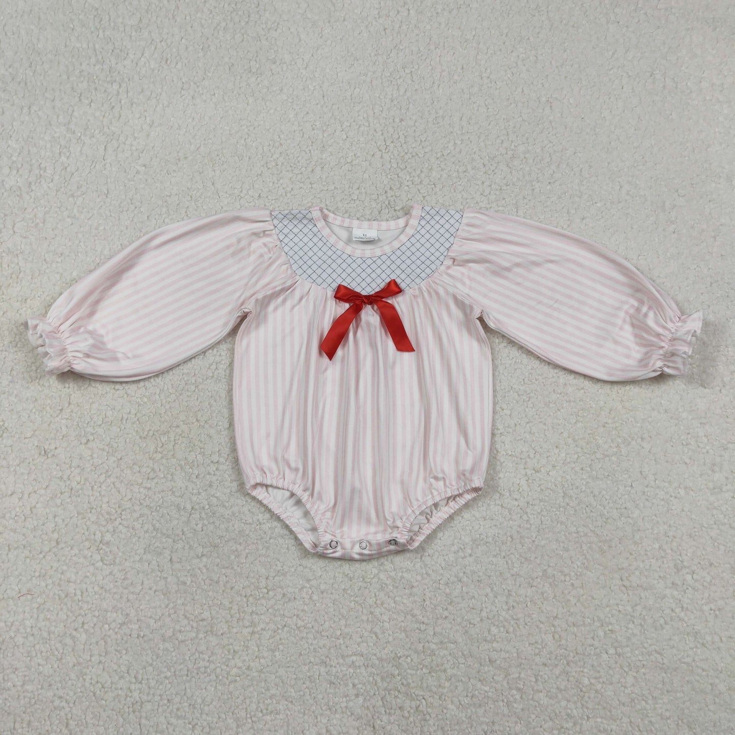 Embroidery Checked Baby Girls Pink Stripe Bows Ruffle Rompers