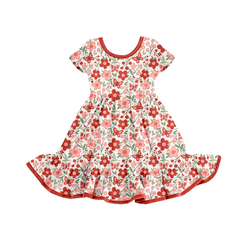 Preorder (moq 5)Baby Girls Red Flowers Bows Short Sleeve Twirl Knee Length Dresses