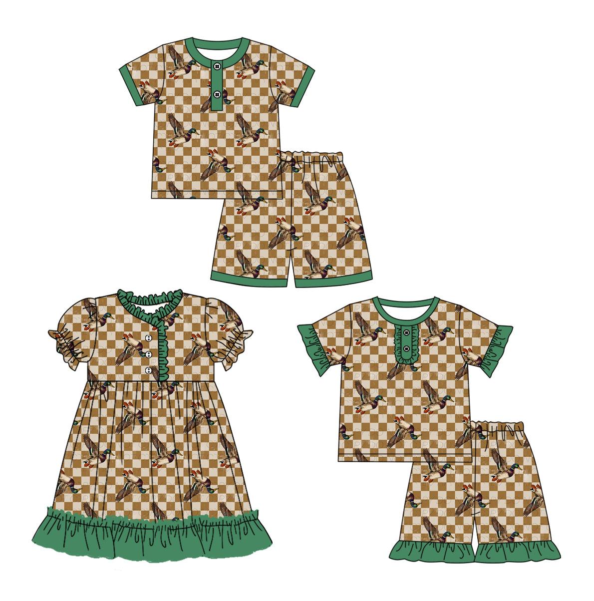 Preorder moq 5 Custom Baby Kids Khaki Plaid Ducks Button Top Short Pajamas Sets Knee Length Dress