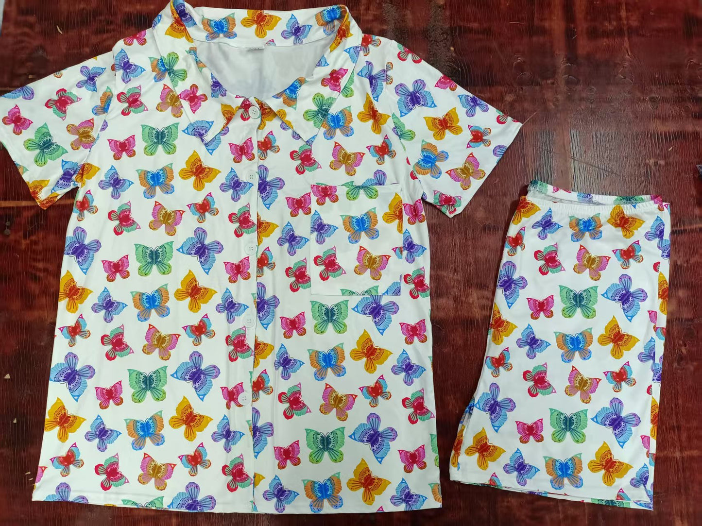 Preorder moq 5 Adult Women Colorful Butterfly Button Pocket Top Short Pajamas Set