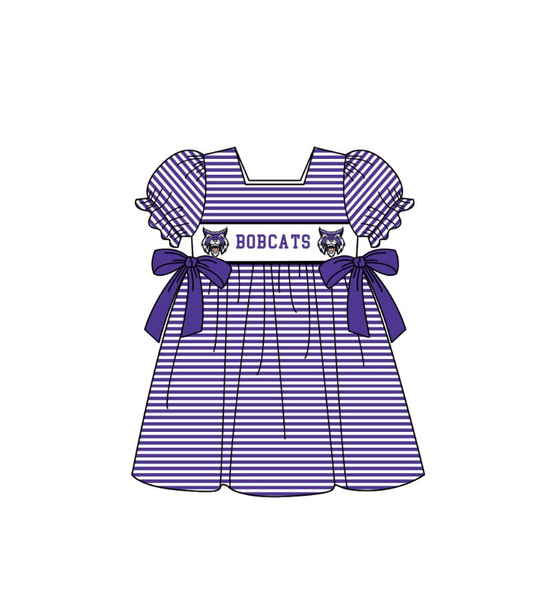 Preorder (moq 5)Baby Girls Short Ruffle Sleeve Purple Stripe Bobcats Team Knee Length Dress
