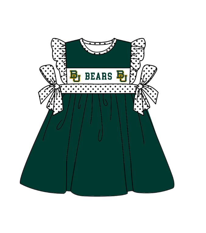Preorder (moq 5)Baby Girls Polka Dots Flutter Sleeve Bears Team Knee Length Dresses