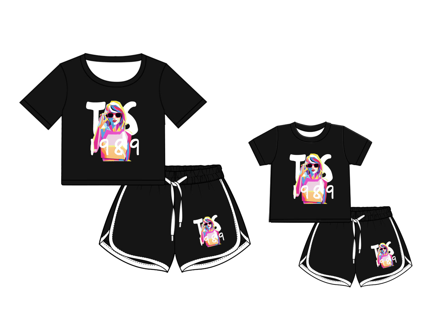 Preorder (moq 5 each) Family Women Baby Girls Singer TS Black Top Shorts Clothing Sets