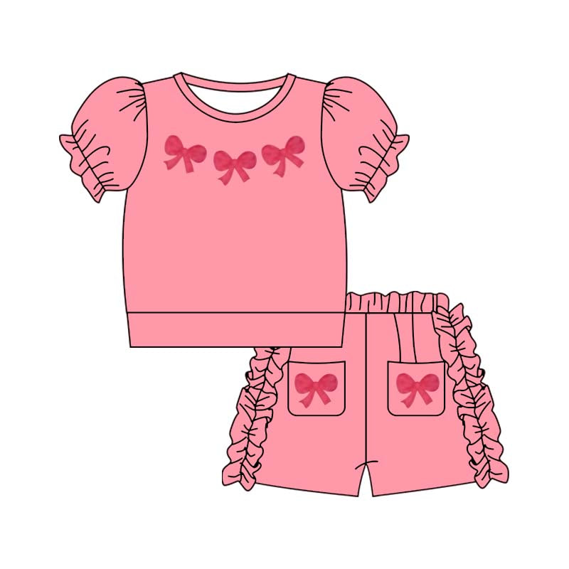 Preorder (moq 5)Baby Girls Pink Bow Shirt Pocket Shorts Outfits Clothes Sets