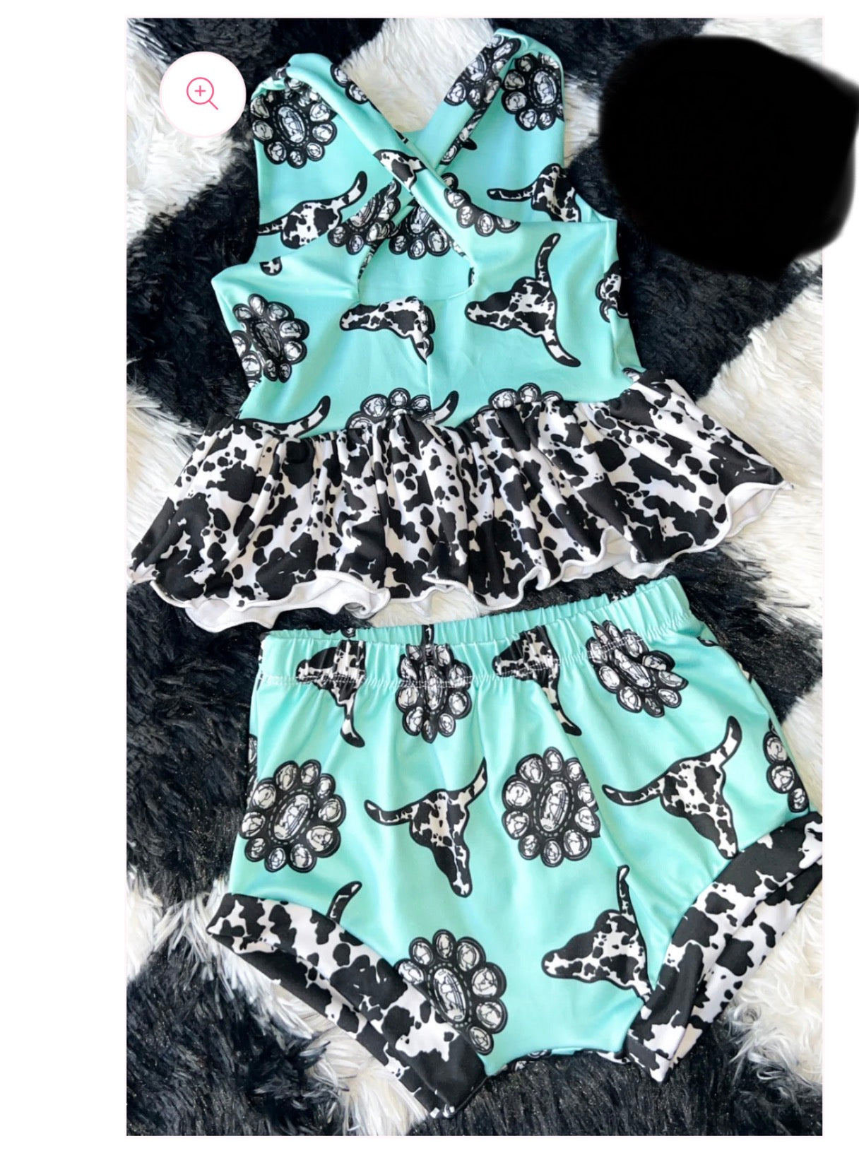 Preorder (moq 5)Baby Girls Straps Turquoise Cow Bummies Clothes Sets