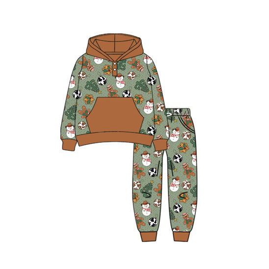 Preorder (moq 5)Baby Boys Long Sleeves Lights Snowman Trees Button Pocket Hoodies Pant Set