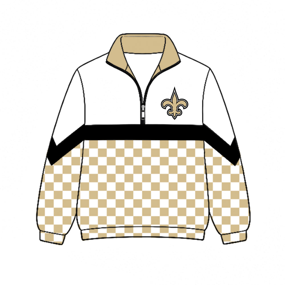 Preorder (moq 5)Baby Boys Khaki Checked Long Sleeve New Orleans Saints Team Zip Pullovers Top
