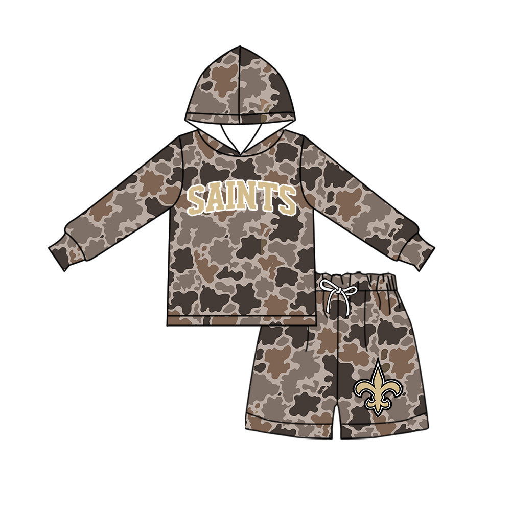 Preorder (moq 5) Baby Boys Brown Camo Saints Hoodie Short Team Clothes Sets