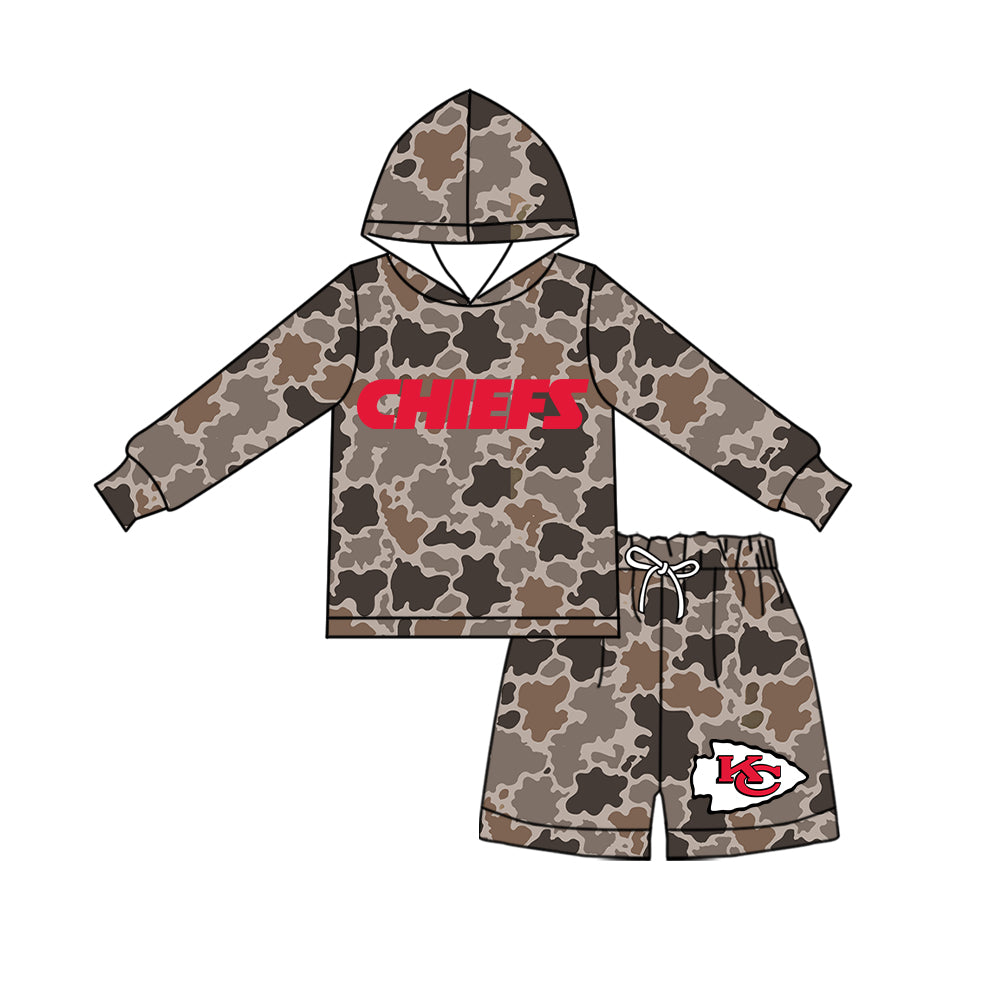 Preorder (moq 5) Baby Boys Brown Camo Chiefs Hoodie Short Team Clothes Sets