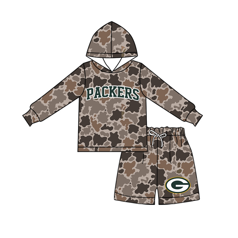 Preorder (moq 5) Baby Boys Brown Camo Packers Hoodie Short Team Clothes Sets