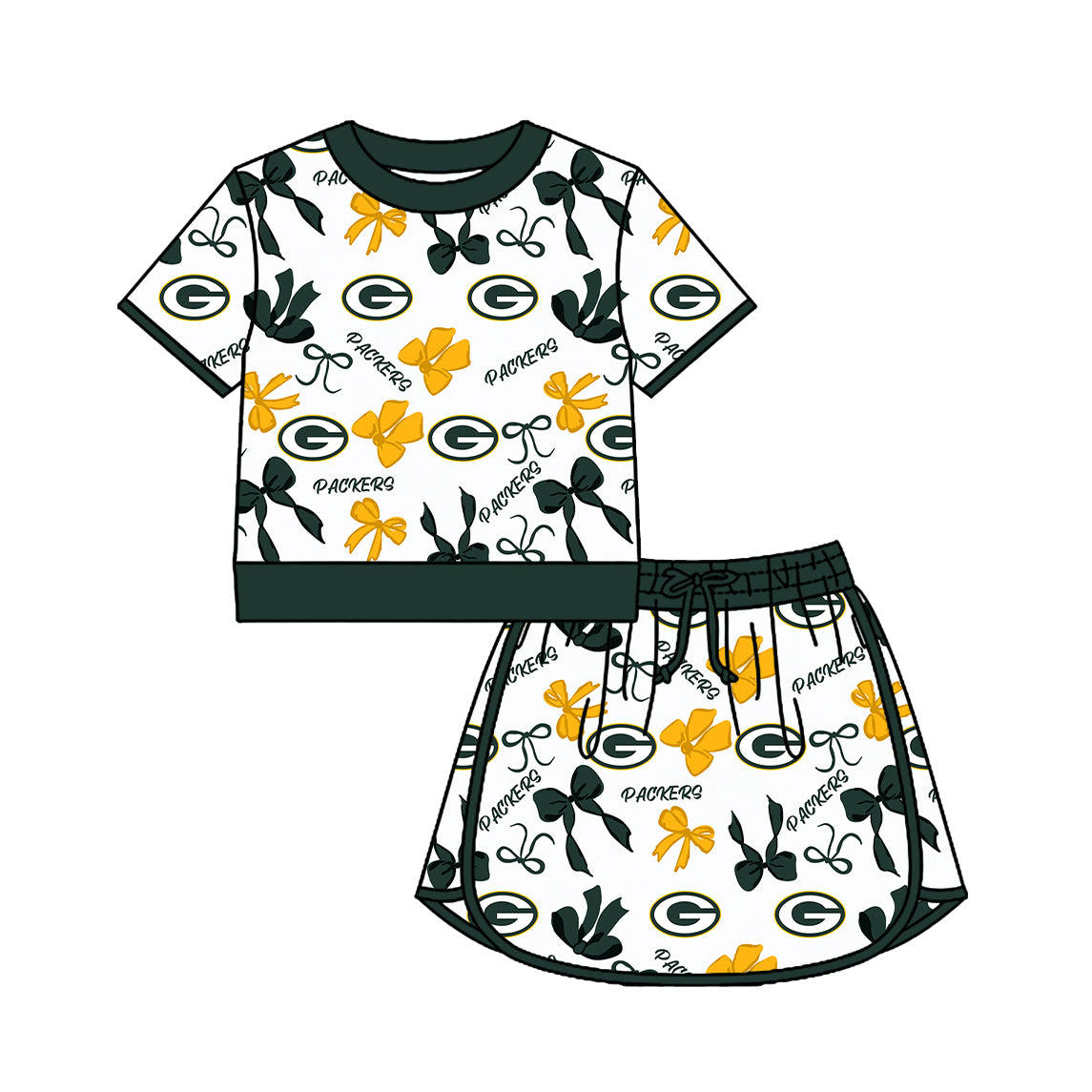 Preorder(moq 5)Baby Girls Bows Packers Short Sleeve Top Skirt Short Team Clothes Sets