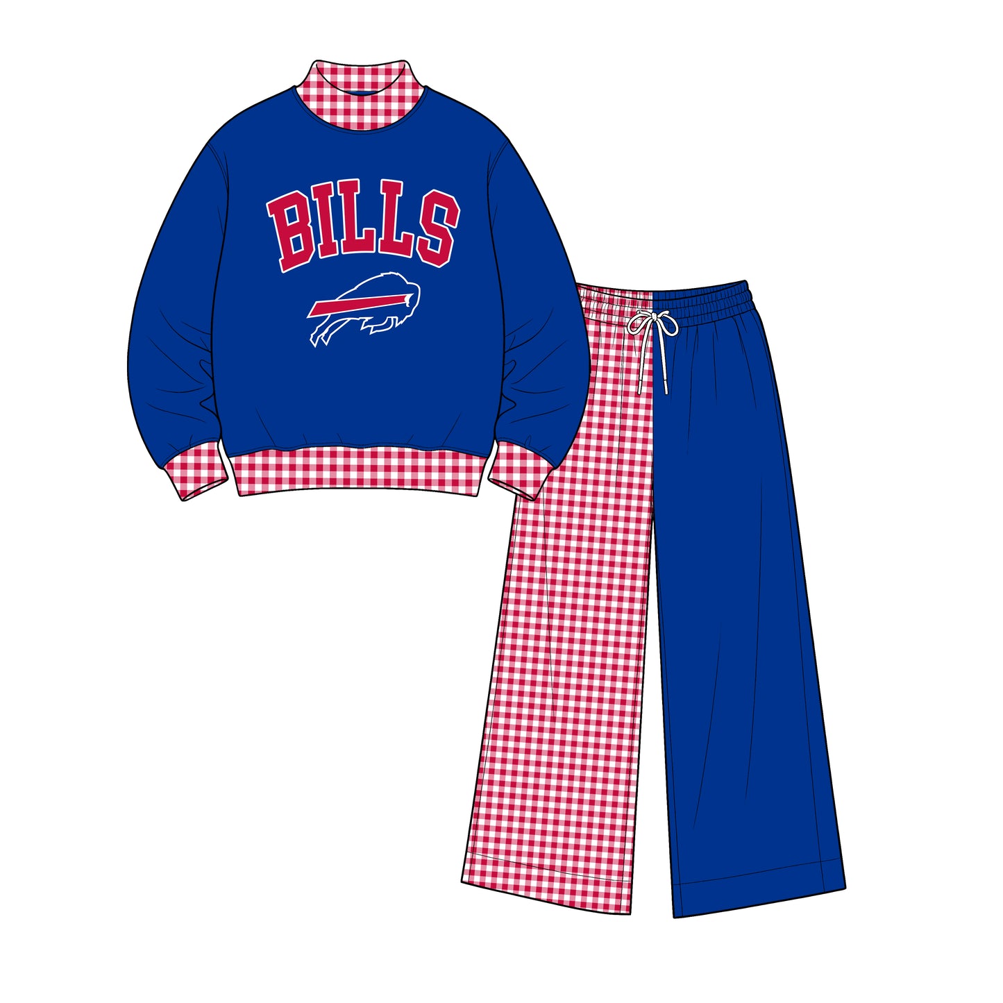Preorder(moq 5)Baby Boys Blue Red Checked Bills Top Flare Pants Team Clothes Sets