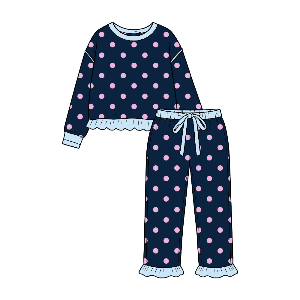 Pre-order(moq5) Girls’ Fall Polka Dot Ruffle Long-Sleeve Round-Neck Top & Bow-Detail Elastic-Waist Ruffle-Hem Pants Set