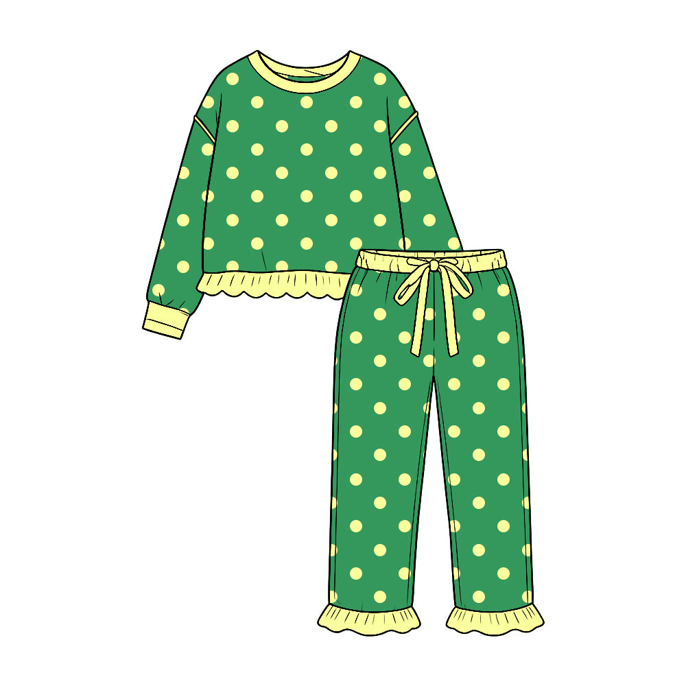 Pre-order(moq5) Girls’ Fall Green Polka Dot Ruffle Long-Sleeve Round-Neck Top & Bow-Detail Elastic-Waist Ruffle-Hem Pants Set
