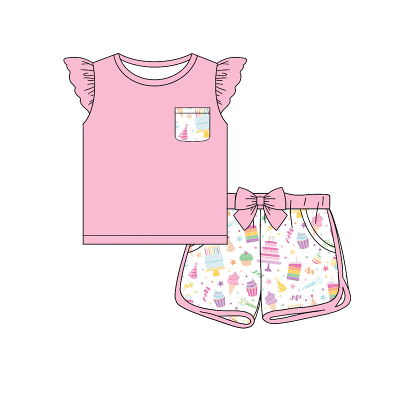 Preorder (moq 5)Baby Girls Pocket Tee Top Pink Birthday Shorts Clothes Sets