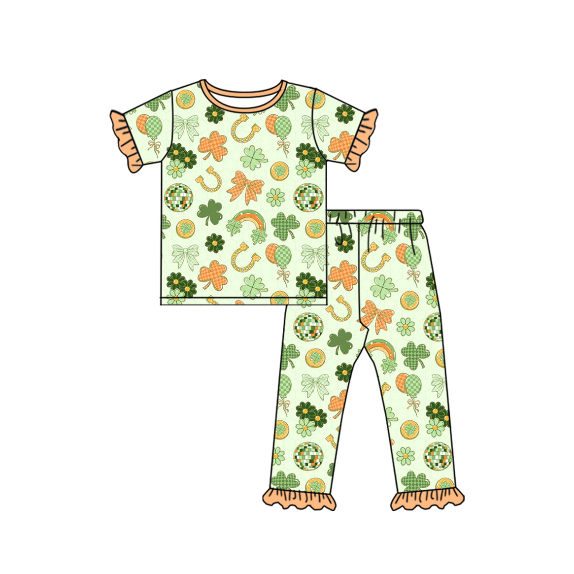 Preorder (moq 5) Baby Girl Clothes St Patricks Disco Shamrock Horseshoe Mixed Print Short Sleeve Ruffle Pant Set