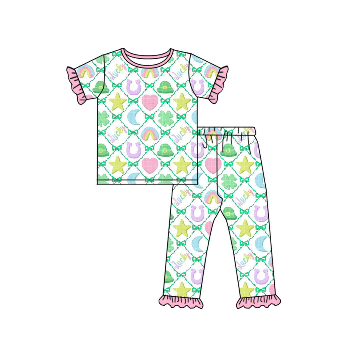 Preorder (moq 5) Baby Girl Clothes St Patricks Lucky Star Heart Grid Mixed Print Short Sleeve Ruffle Pant Set