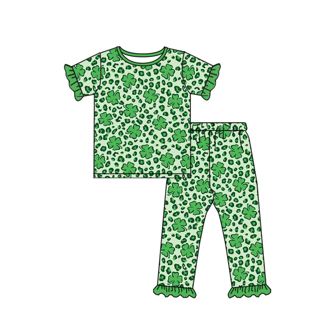 Preorder (moq 5) Baby Girl Clothes St Patricks Leopard Clover Mixed Print Short Sleeve Ruffle Pant Set