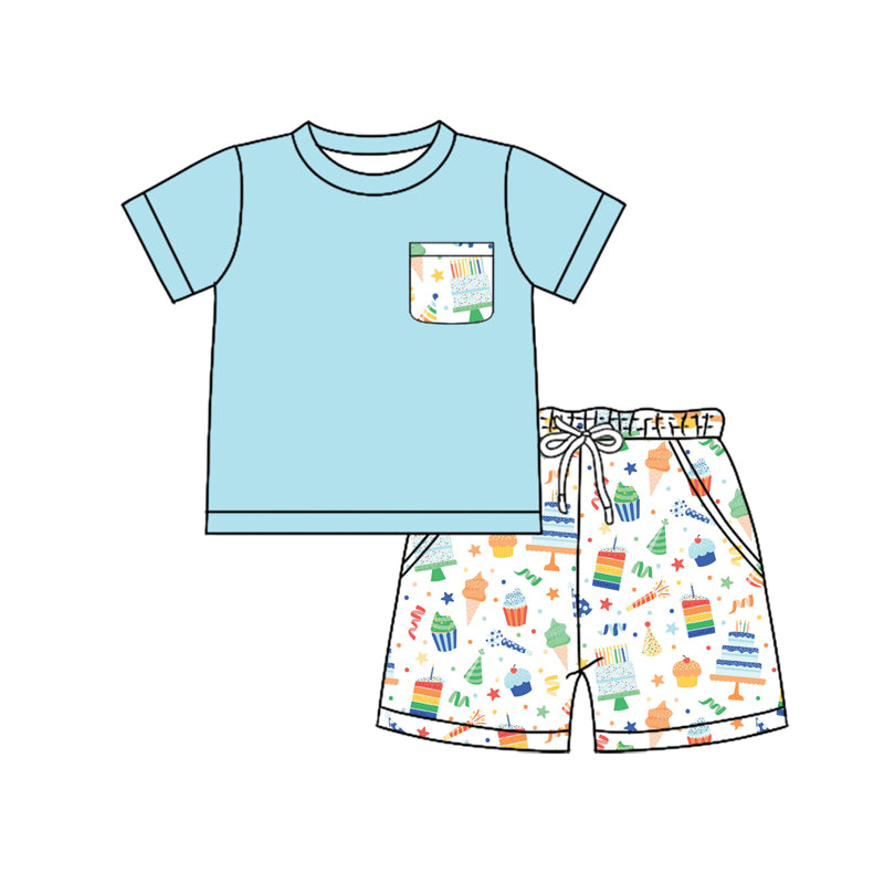 Preorder (moq 5)Baby Boys Pocket Tee Top Birthday Shorts Clothes Sets