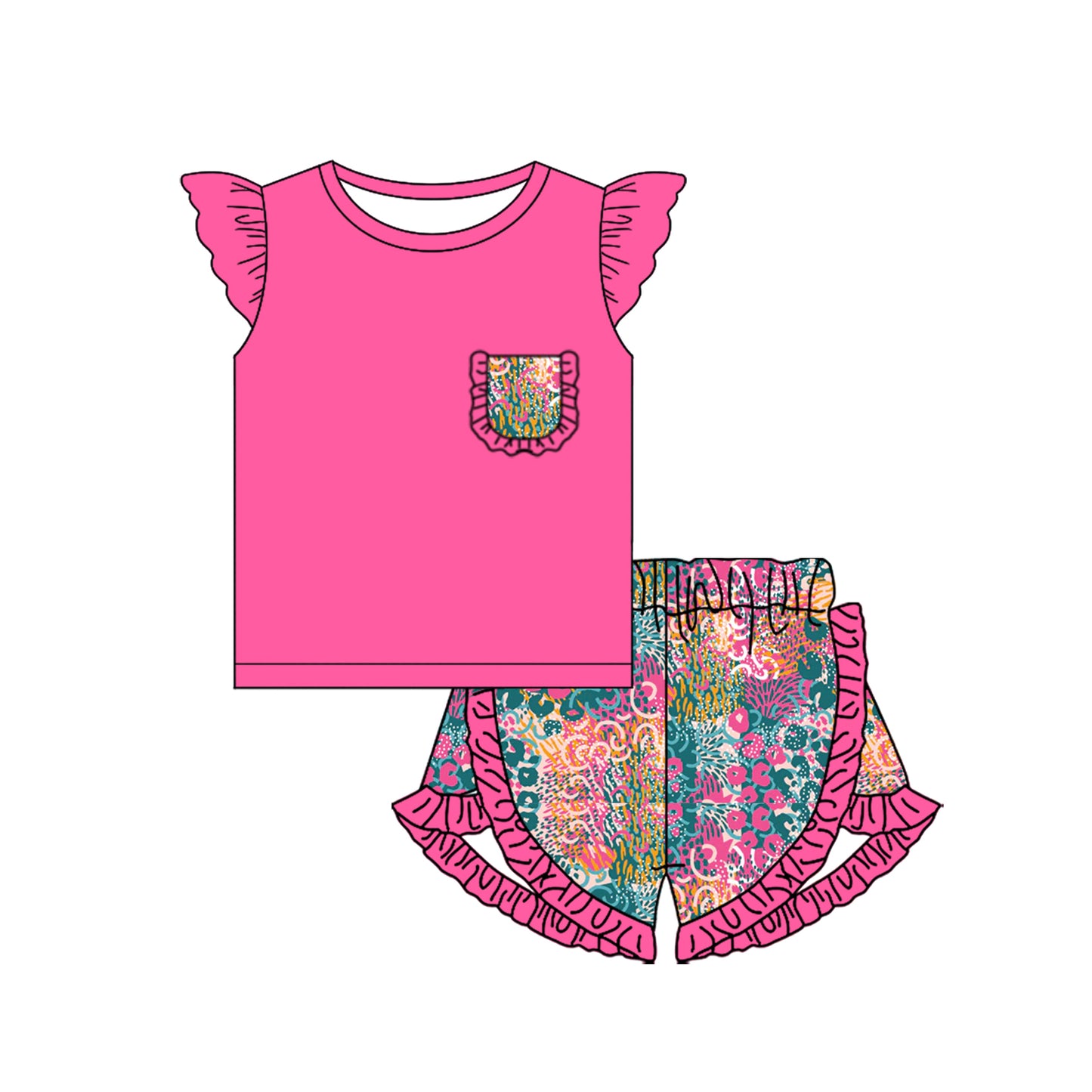Preorder (moq 5)Baby Girls Pink Pocket Shirt Ruffle Leopard Shorts Clothes Sets