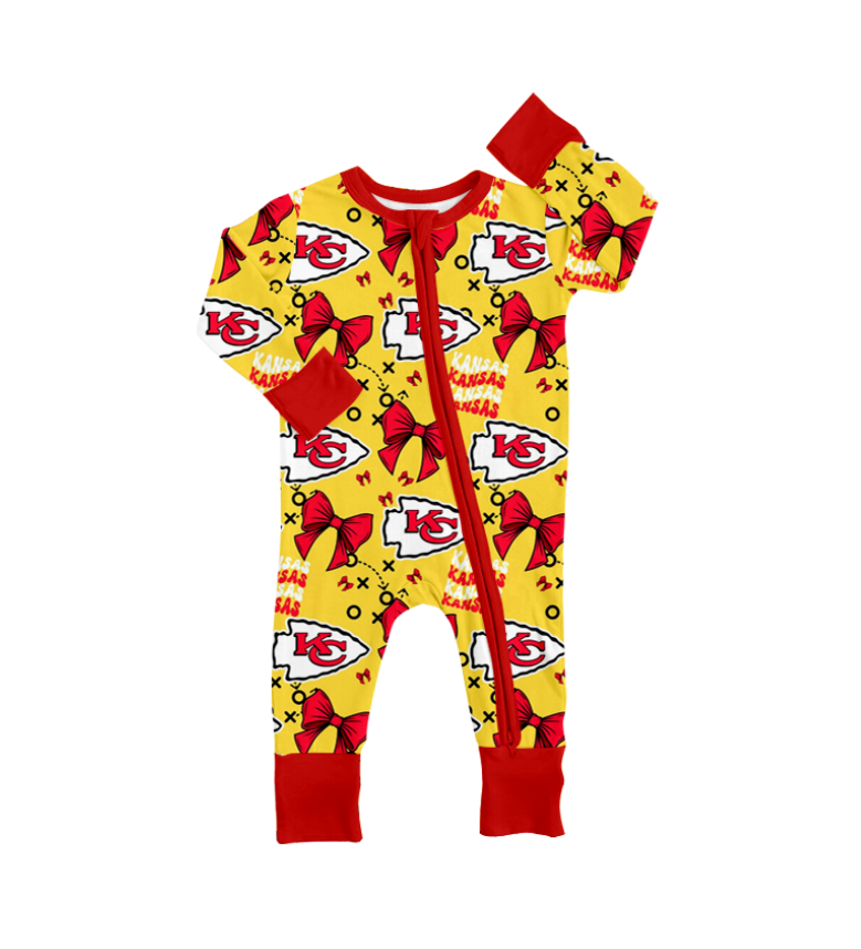 Custom moq 5 Football Team KC Red Bows Yellow Long Sleeve Zipper Boys Romper