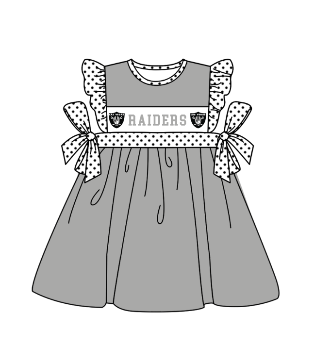 Preorder (moq 5)Baby Girls Flutter Sleeve Grey Raiders Team Knee length Dresses