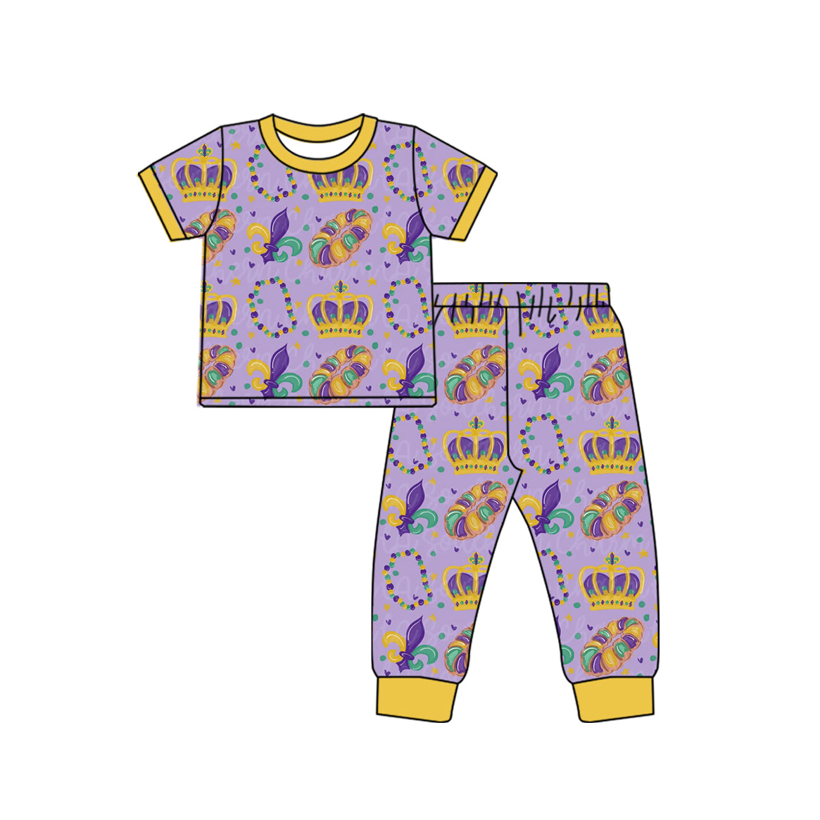 Preorder (moq 5) Baby Girl Clothes Mardi Gras Crown King Cake Fleur De Lis Mixed Print Short Sleeve Jogger Pant Set