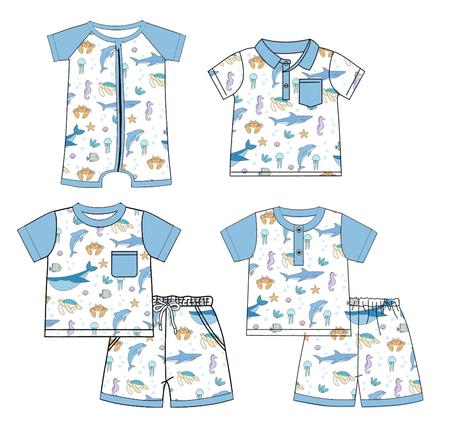 Preorder moq 5 Custom Baby Boys Blue Short Sleeves Sharks Crabs Top Short Pajamas Set Polo Shirts And Zipper Rompers