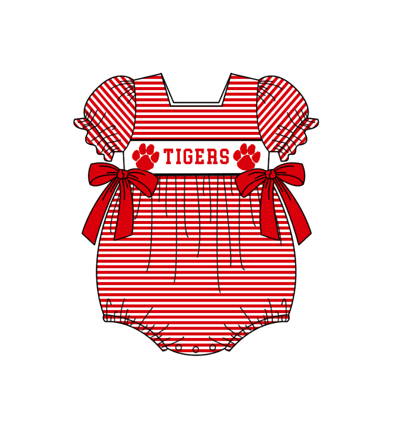 Preorder (moq 5)Baby Girls Short Sleeve Red Stripe Tigers Team Ruffle Rompers