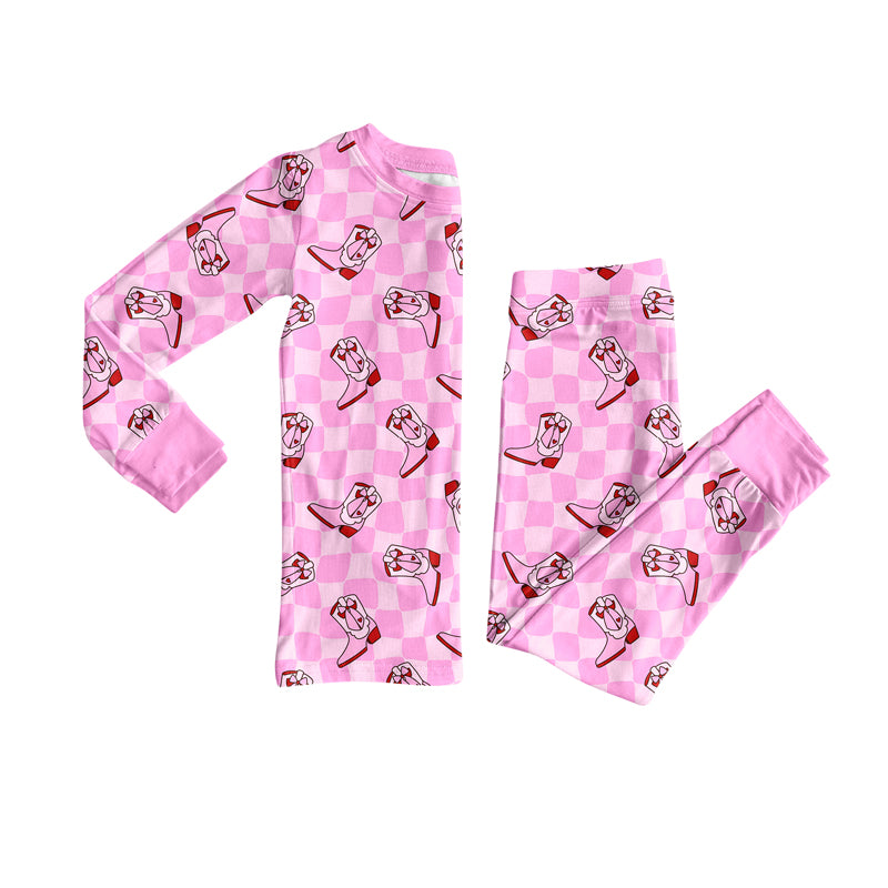 Preorder(moq 5) Baby Girls Western Pink Checkered Boots Top Pants Lounge Wear Pajamas Sets
