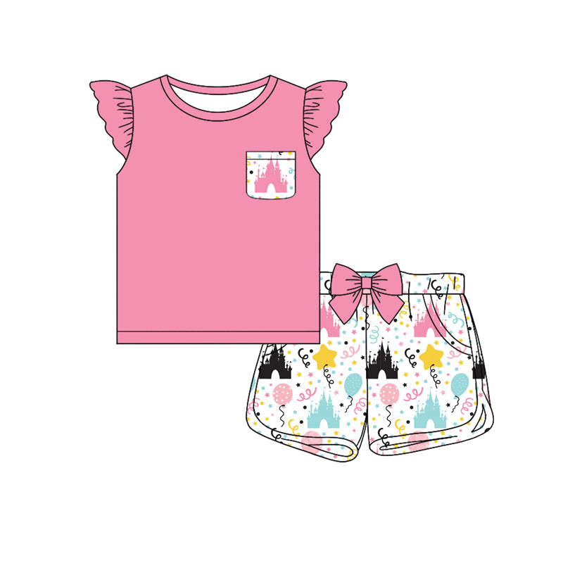 Preorder (moq 5)Baby Girls Pocket Tee Top Pink Castle Shorts Clothes Sets
