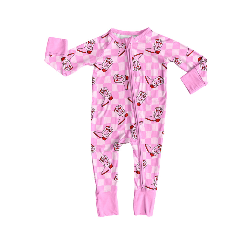 Preorder(moq 5)Baby Infant Western Pink Checkered Boots Zipper Footie Rompers