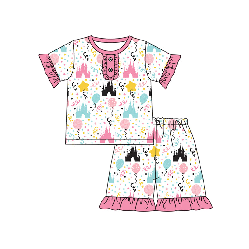 Preorder (moq 5)Baby Girls Pink Castle Tee Top Shorts Pajamas