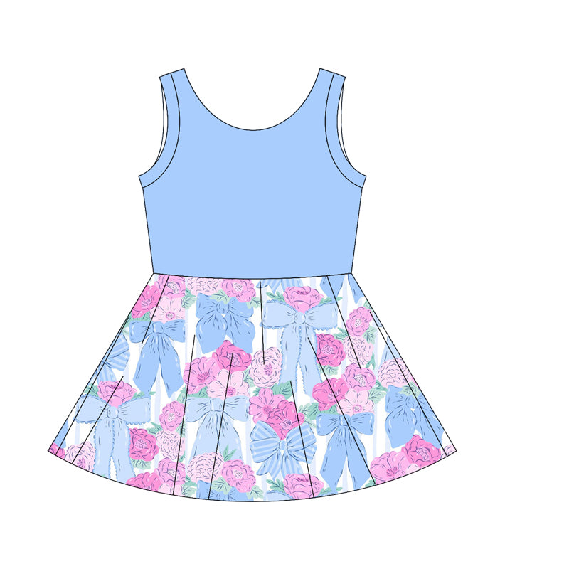 Preorder moq 10 Baby Girls Light Blue Sleeveless Top Bows Flowers Patchwork Knee Length Dresses