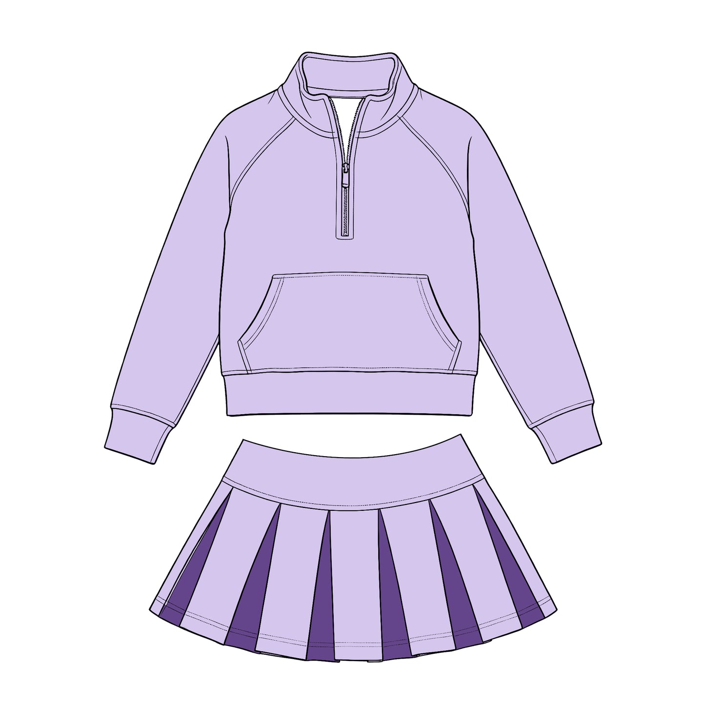 Preorder (moq 5) Baby Girls Lavender Zip Pockets Pullovers Purple Pleated Skirt Short Clothes Sets