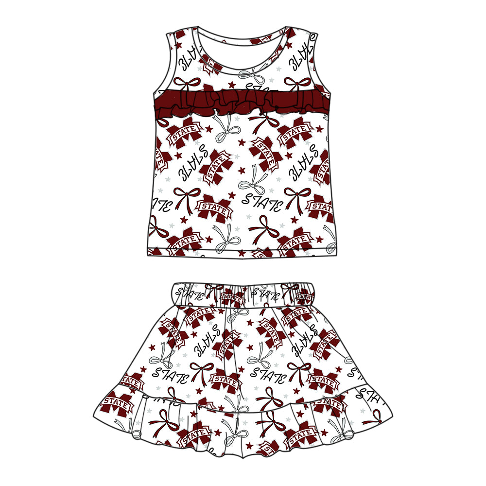 Preorder (moq 5)Baby Girls Sleeveless Brown M State Bows Stars Top Ruffle Skort Team Set