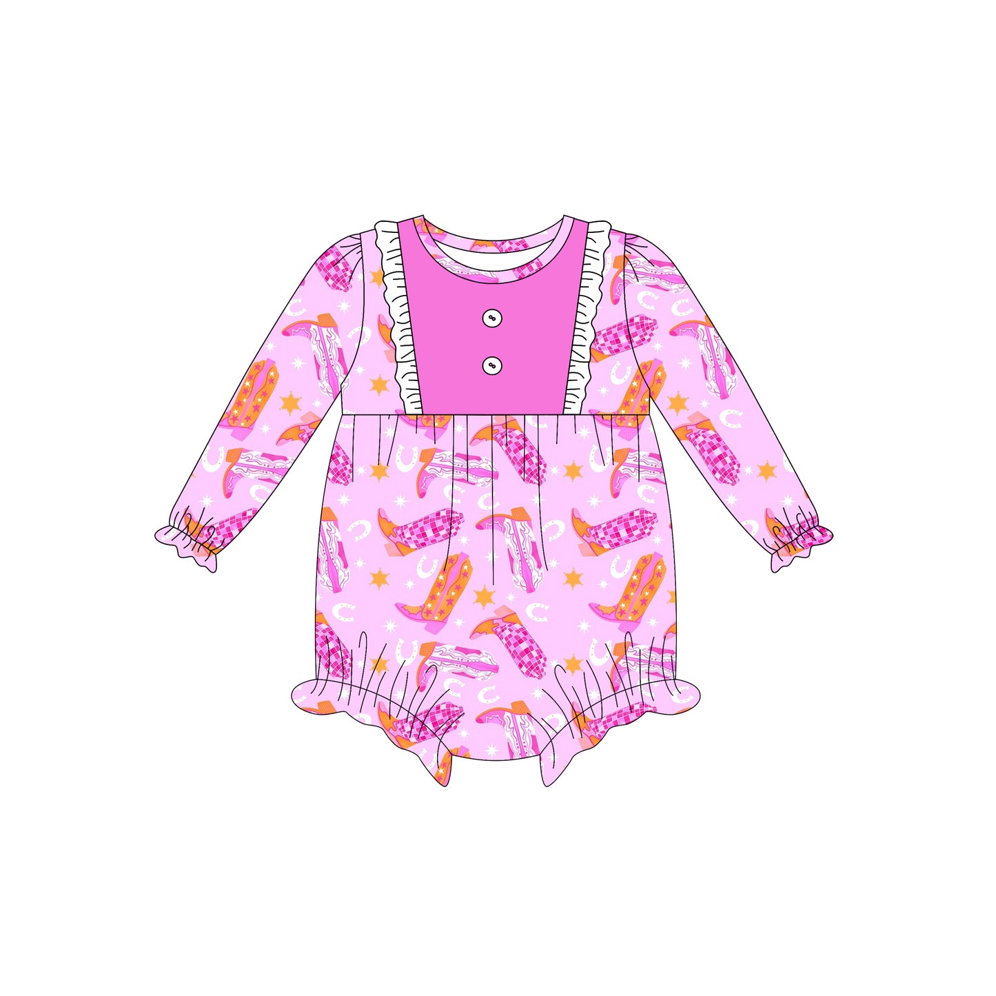 Preorder (moq 5)Baby Girls Long Sleeves Pink Boots Stars Button Ruffle Romper