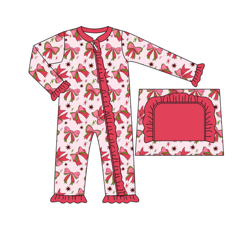 Preorder moq 5 Baby Infant Girls Long Sleeves Bows Holly Plaid Ruffle Zipper Romper