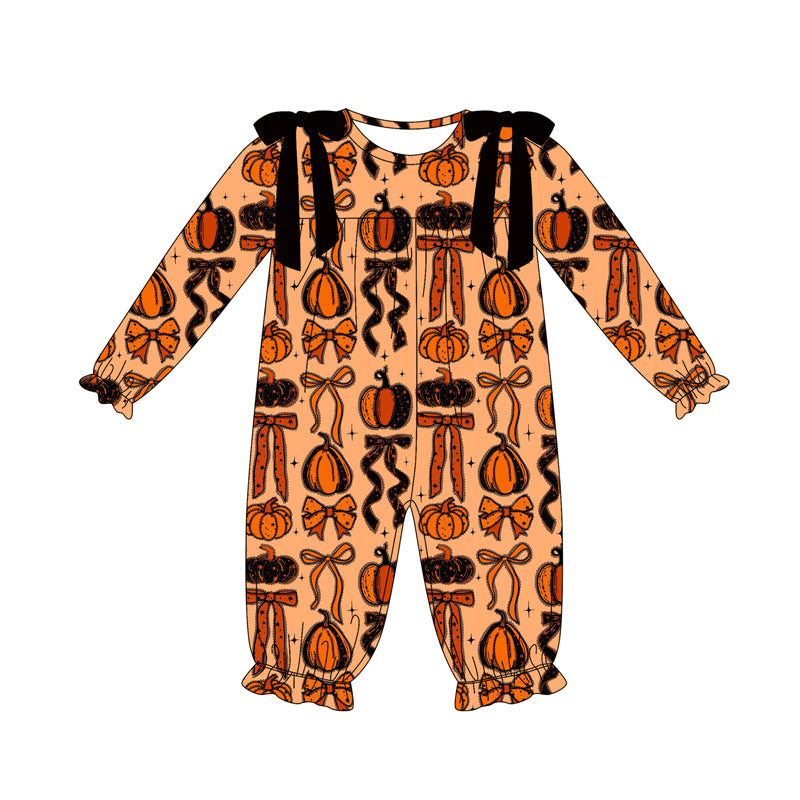 Preorder (moq 5)Baby Girls Long Sleeves Pumpkins Bows Plaid Ruffle Pant Romper