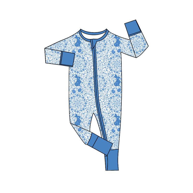 Preorder (moq 5)Baby Girls Long Sleeve Blue Floral Rabbits Eggs Easter Zipper Footie Rompers