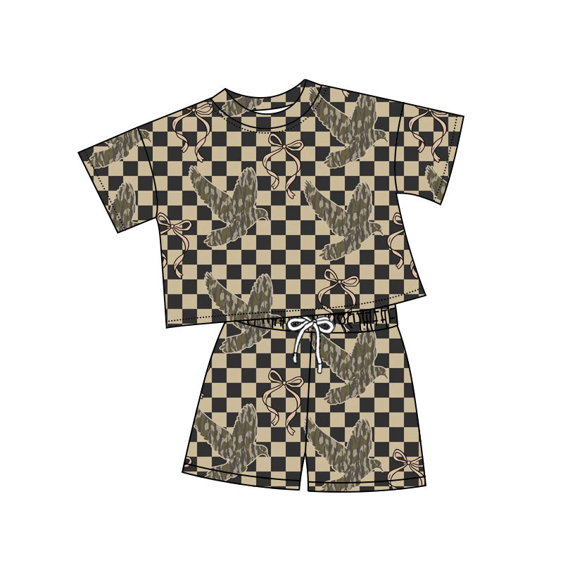 Preorder(moq 8)Baby Girls Checked Bows Ducks Hunting Top Shorts Pajamas Sets