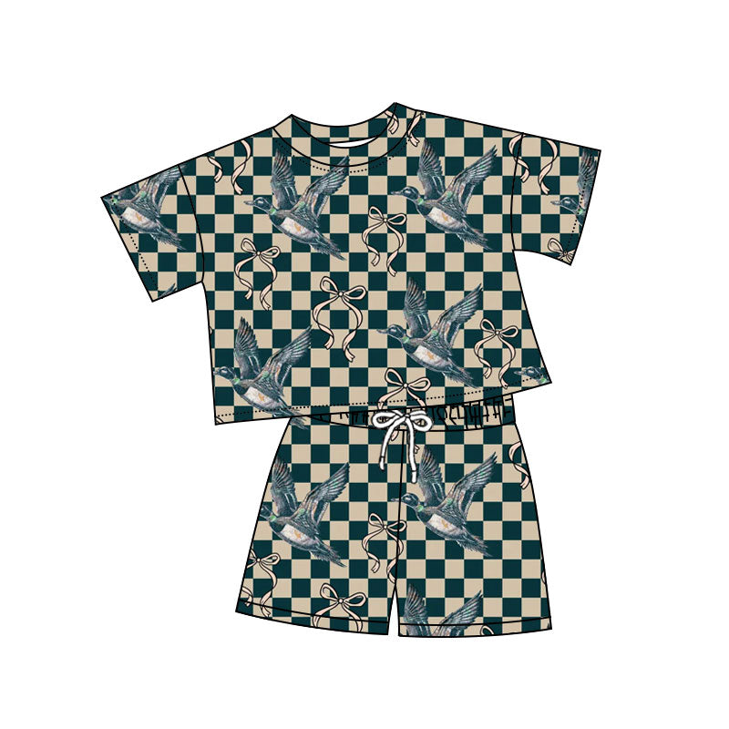 Preorder(moq 8)Baby Girls Checked Bows Ducks Hunting Top Shorts Pajamas Sets