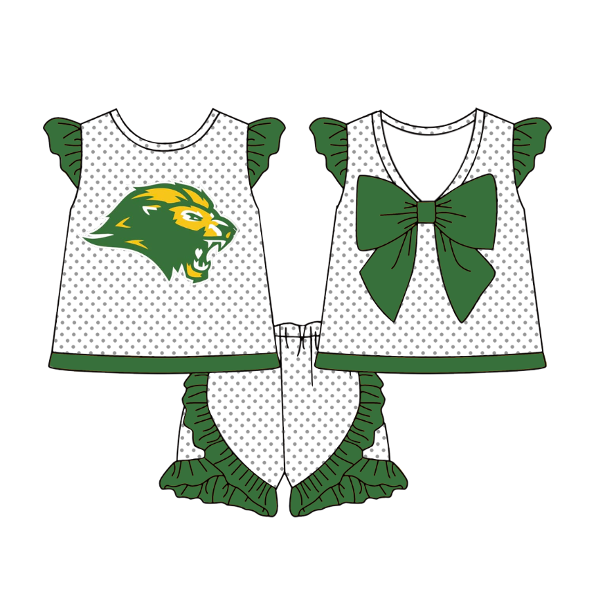 Split Preorder July 21th Baby Girls Team Green Flutter Sleeves Polka Dots Lions Tunic Ruffle Shorts Set