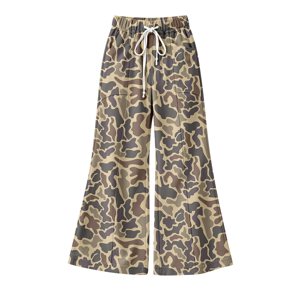 Preorder (moq 5) Baby Girl Clothes Vintage Grey Tan Duck Camo Print No Sleeve Flare Bell Bottom Pant