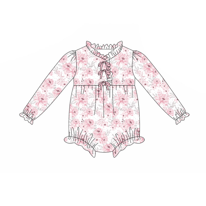 Preorder(moq 5)Baby Infant Girls Pink Flowers Plaid Button Ruffle Rompers