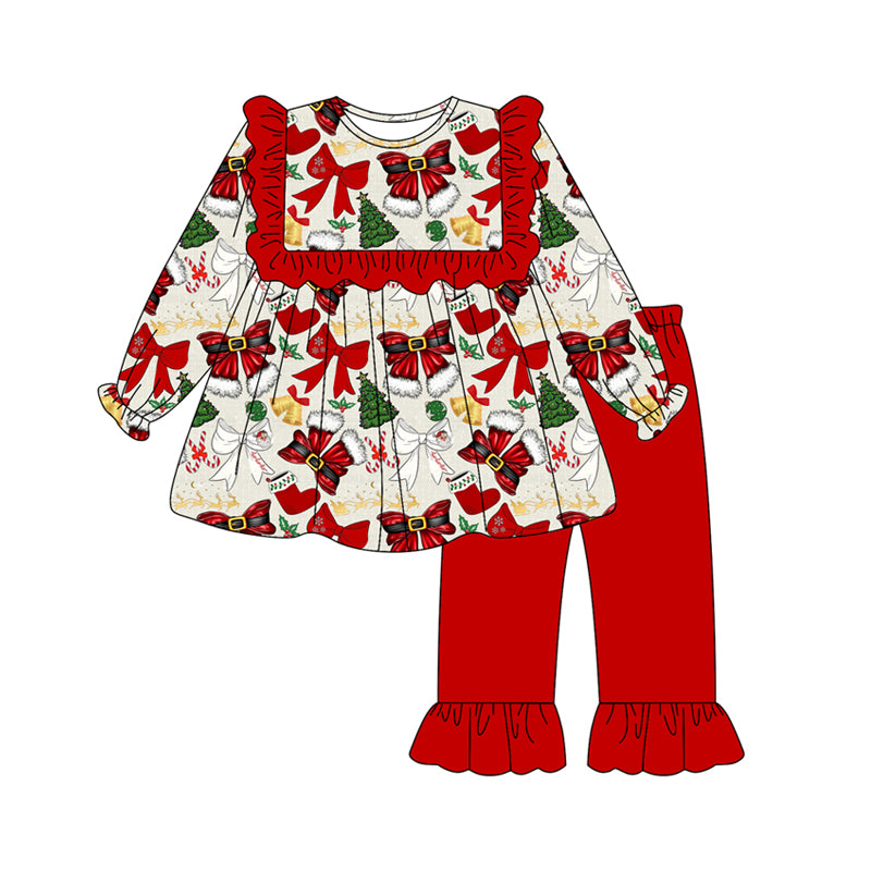 Preorder (moq 5)Baby Girls Long Sleeves Red Bows Trees Tunic Ruffle Pant Clothes Set